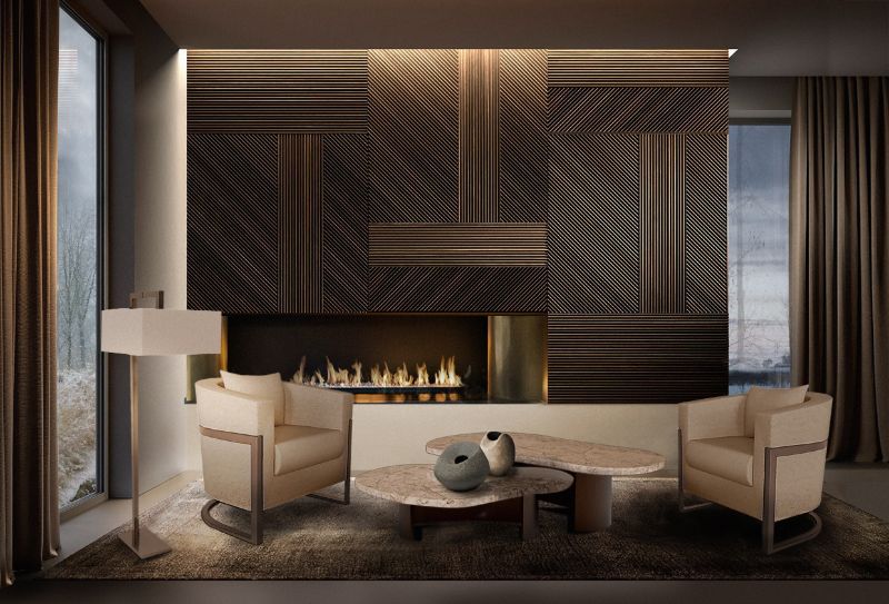 modern contemporary living room with brown rug, center table and white armchairs