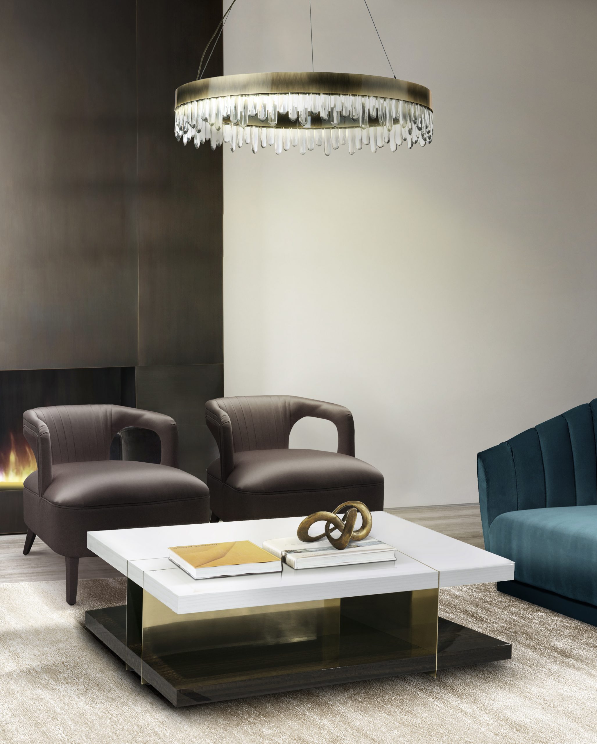 mid-century living room with area rug, square center table, mid-century armchairs