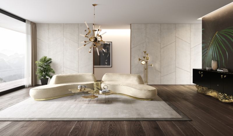 minimalist living room with white area rug and beige sofa with hanging light