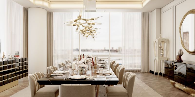 Dining room with beige rug and hera suspension lights