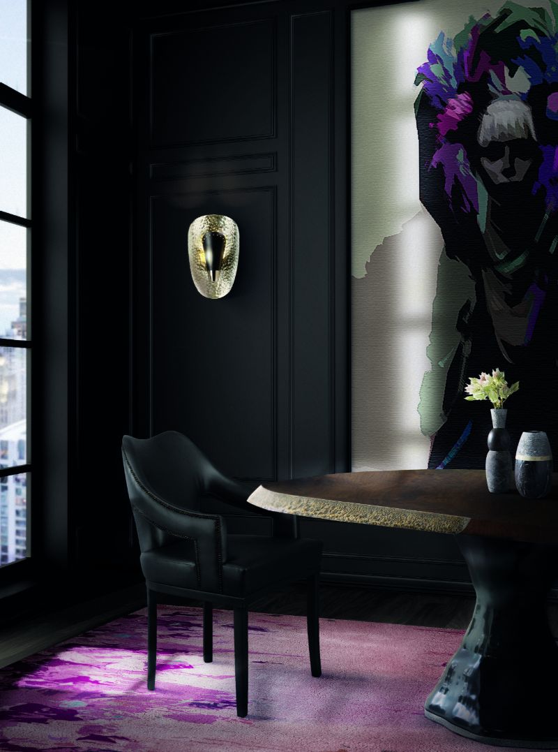 Dark dining room with Rosary Rug in very peri color