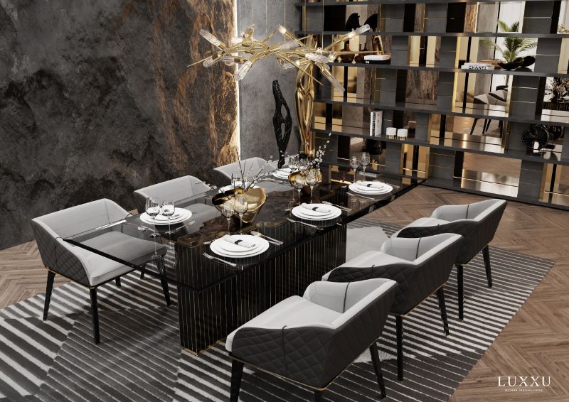 Modern dining room with minimalist AIR RUG in gray with a elegant vibe. The Best Minimalist Rugs For The Dining Room