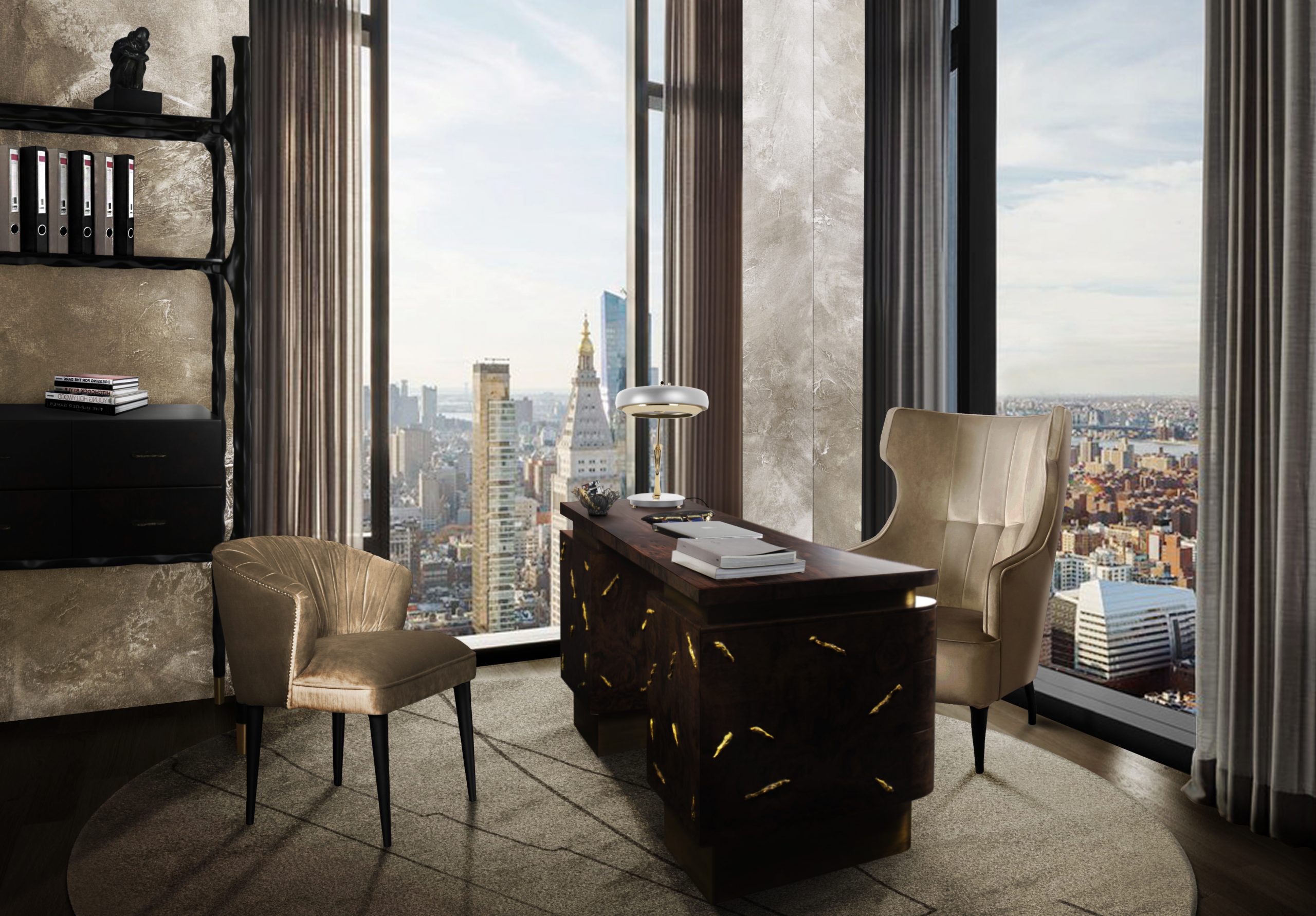 Modern contemporary home office with round neutral rrug
