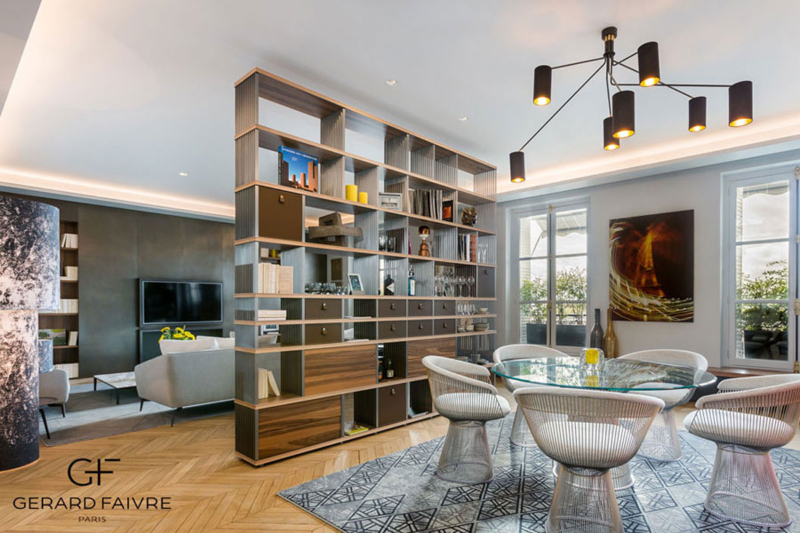 Gérard Faivre Paris Designs with Outstanding Rugs. Trocadero project with geometric rug in the dining room