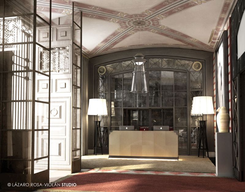 hotel reception, white floor lamps,