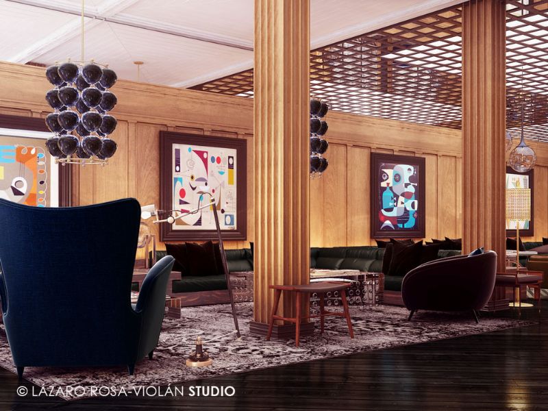 hotel lobby with black sofa and burgundy armchairs. dark blue armchairs, black suspension lamp