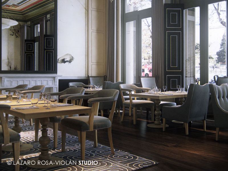 hotel dining room with wooden dining tables and grey dining chairs