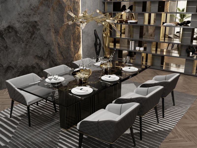 black dining table and black and white dining chairs, geometric black and white rug