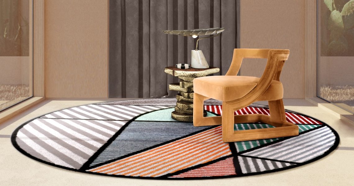 Modern midcentury living room corner with geometric round LOLA RUG with a colorful pattern and straight lines. Transform this living area into a colorful space with the round rug and suspension lights and orange armchair
