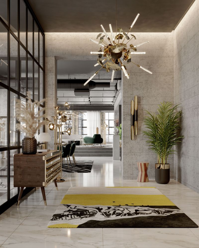 modern hallway entryway with urban DISRUPTION RUG in black and yellow with mid-century console and suspension lights. 10 Insane Modern Rugs For A Stylish Interior