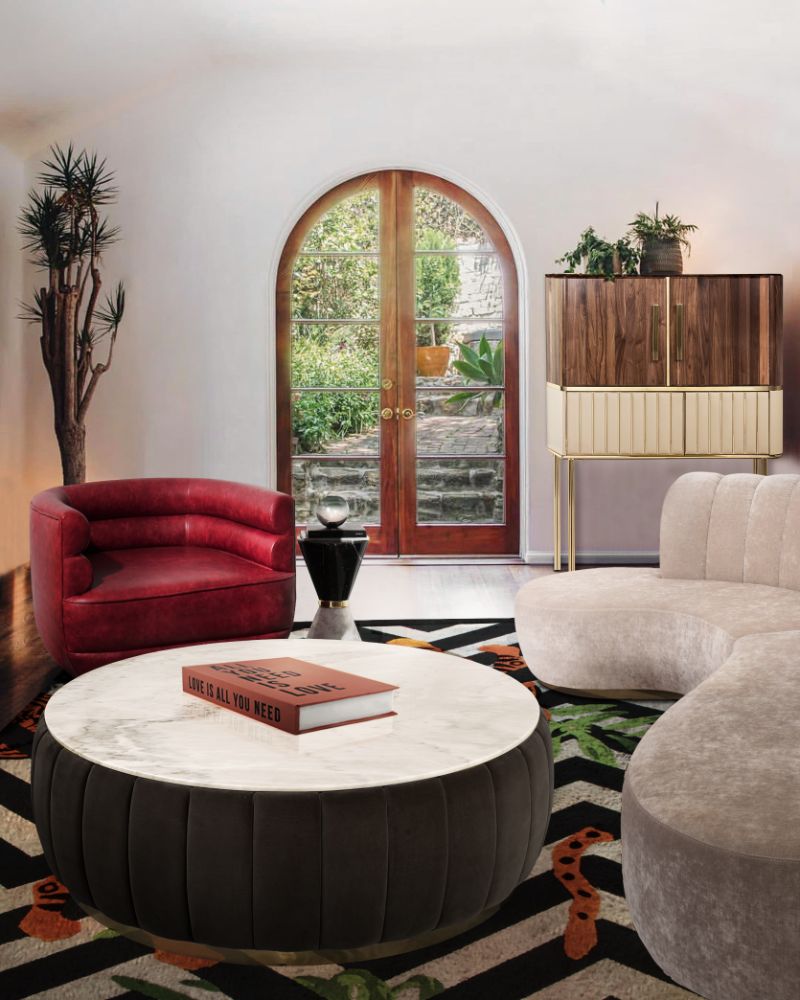 modern contemporary living room with a black and white striped rug with a touch of color. 8 Modern Rugs For A Dashing Living Room Decor
