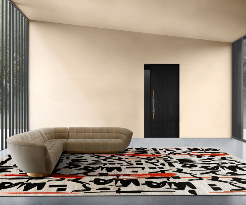 Modern living room with a black and white rug with a soft couch.  8 Modern Rugs For A Dashing Living Room Decor