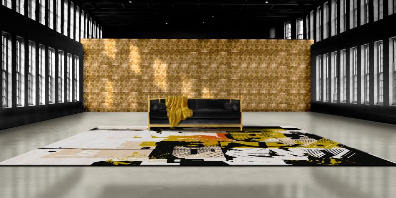 urban black and orange rug to decorate this living room space. 8 Modern Rugs For A Dashing Living Room Decor