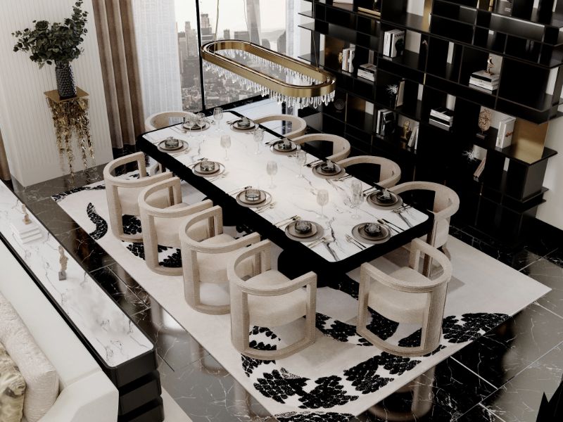modern classic dining room with the IMPERIAL SNAKE RUG in neutral colors and with snake pattern that protects the floors of this dining room and of the SHINTO long dining table