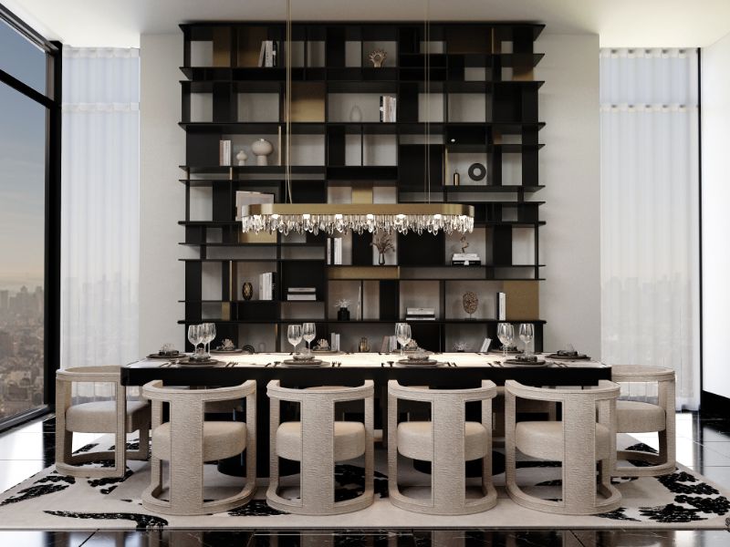 classic modern dining room that showcases the IMPERIAL SNAKE RUG in neutral colors and with snake pattern that protects the floors of this dining room and of the SHINTO long dining table