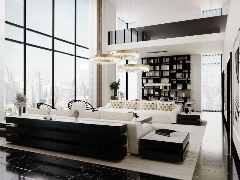 Contemporary modern living room with white area rug. Living room inspiration: The Dendur Sitting room