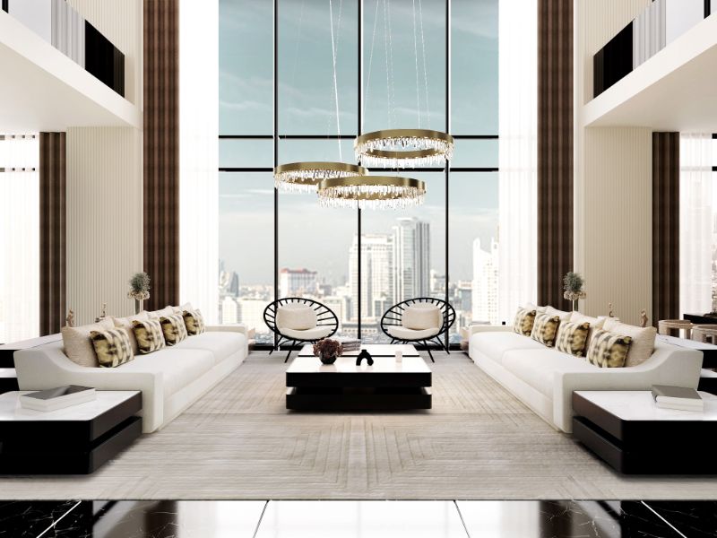 Modern living room with white garden rug. This area rug in white with a detailed pattern. Living room inspiration: The Dendur Sitting room