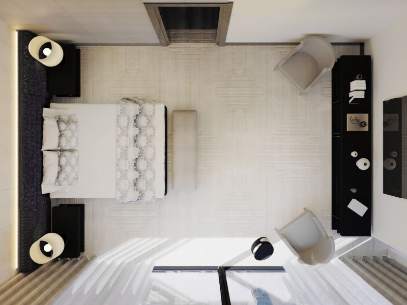 Modern master bedroom with white rug. Bedroom Decor Ideas For A Modern New York Apartment