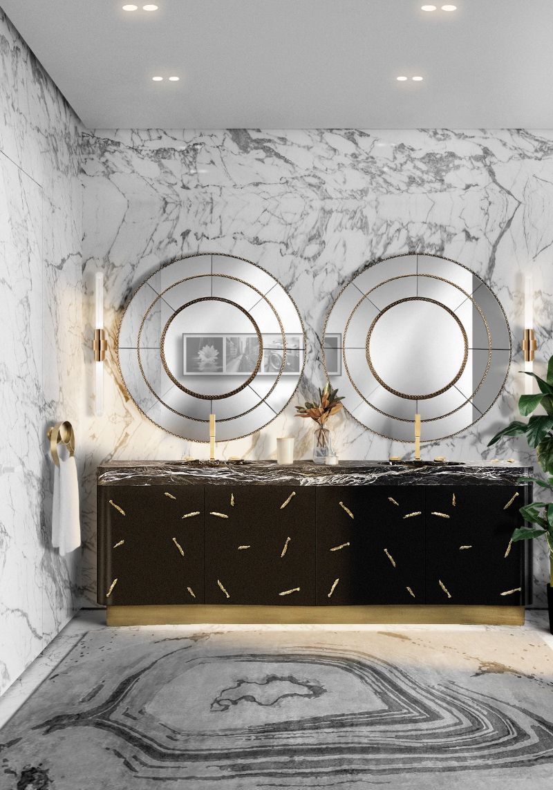 modern and sophisticated bathroom decor with a blue abstract rug. Decorative Bathroom Rugs, The Comfort Allied To Luxury