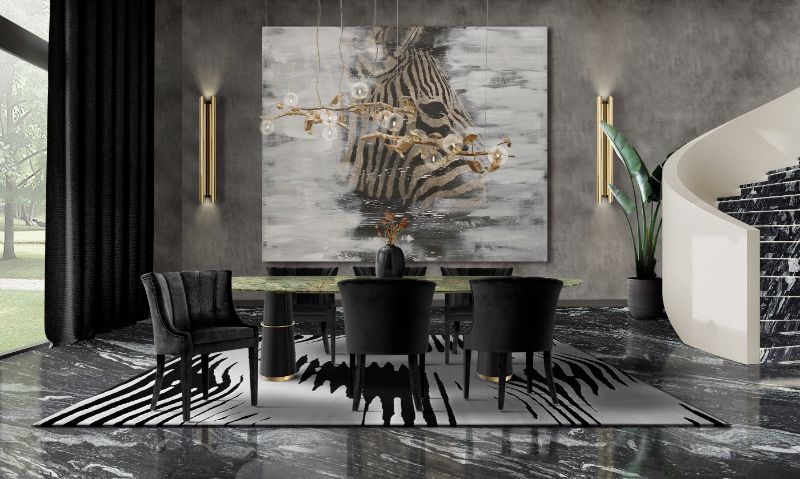 Modern contemporary dining room with area rug with stripes. How to Choose The Right Dining Room Rug: 5 Steps Guide