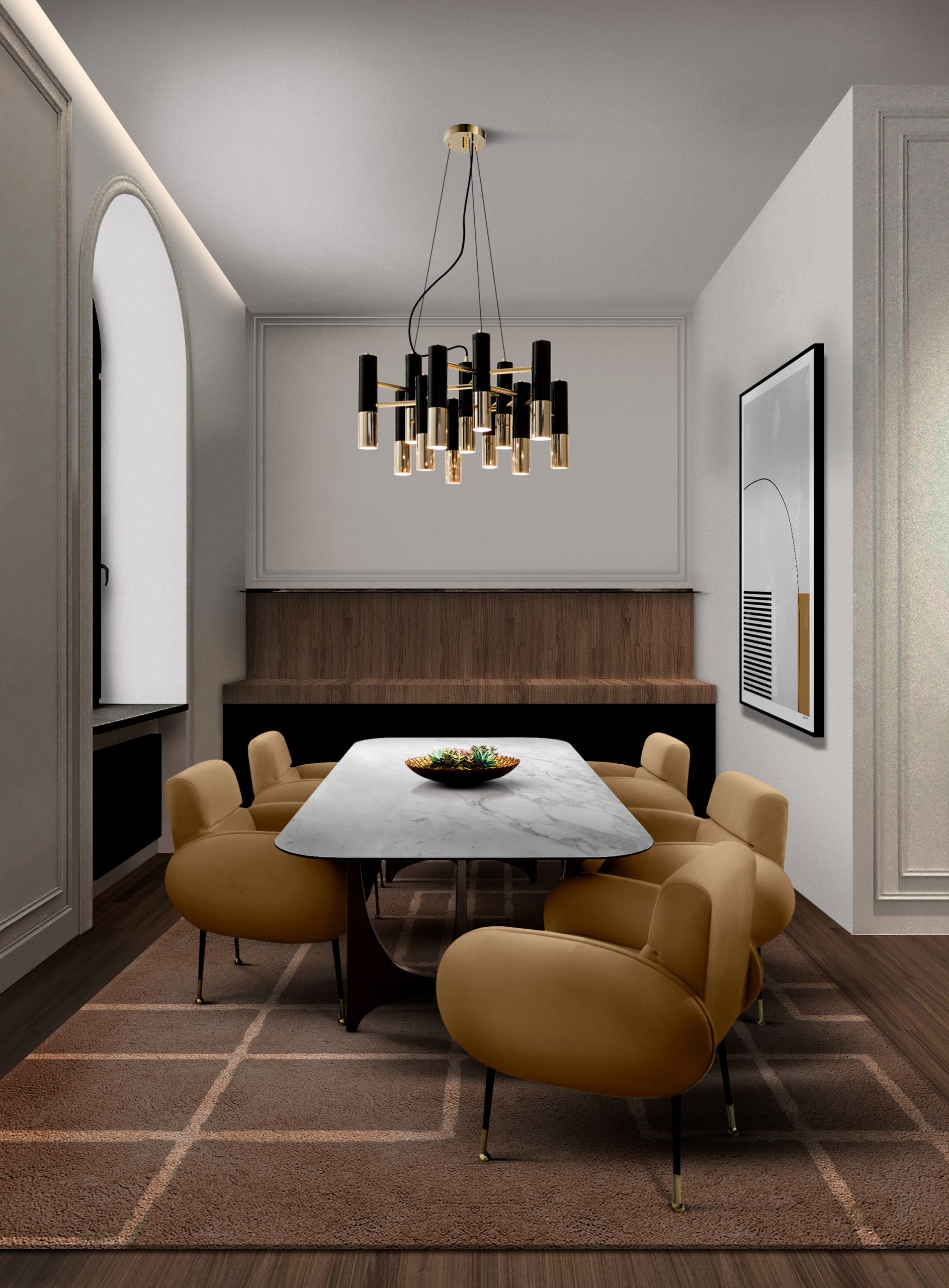 Modern mid-century dining room with neutral tones, the area rug has a geometricf design that pairs well with the plump dining chairs,