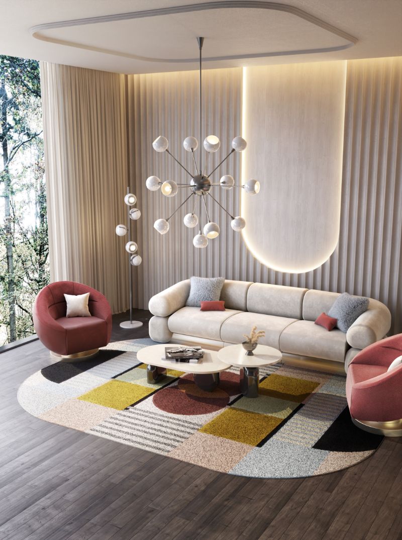 Mid-century modern living roo with oval rug in pastel colors. Inspiring Contemporary Rugs For The Living Room