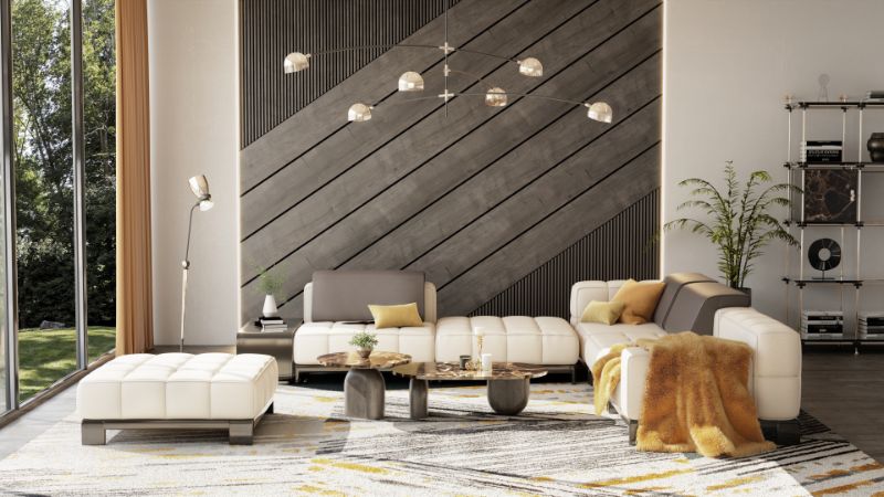modern contemporary living room in a open space with gray and golden rug. Inspiring Contemporary Rugs For The Living Room
