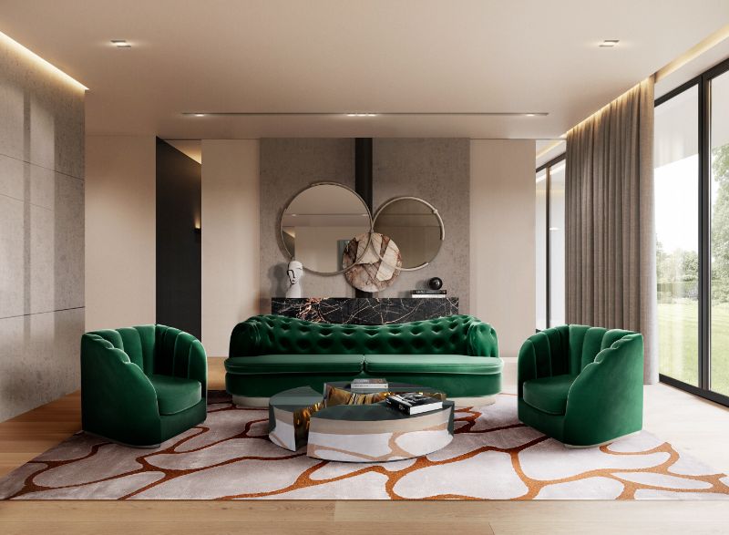 elegant modern contemporary living room with area white rug with a touch of gold. Inspiring Contemporary Rugs For The Living Room