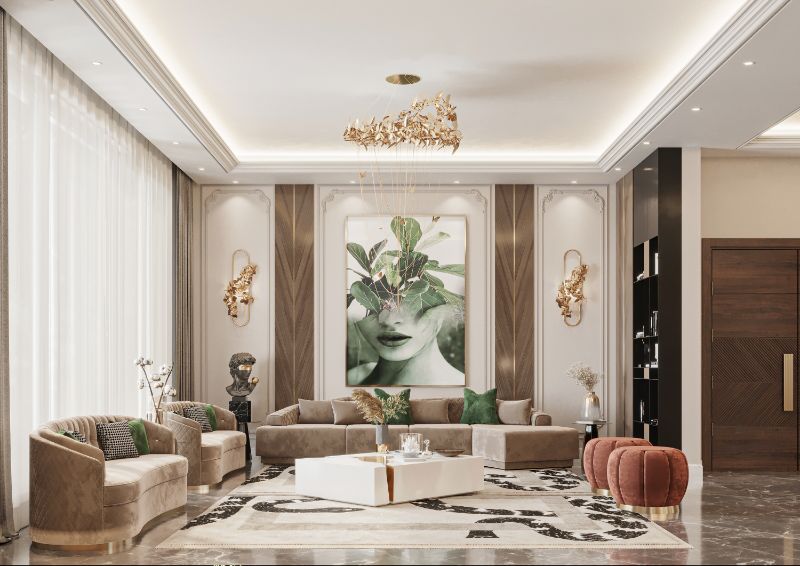 Luxurious living room with neutral area rug with a snake design. Modern Classic Rug Ideas For the Living Room