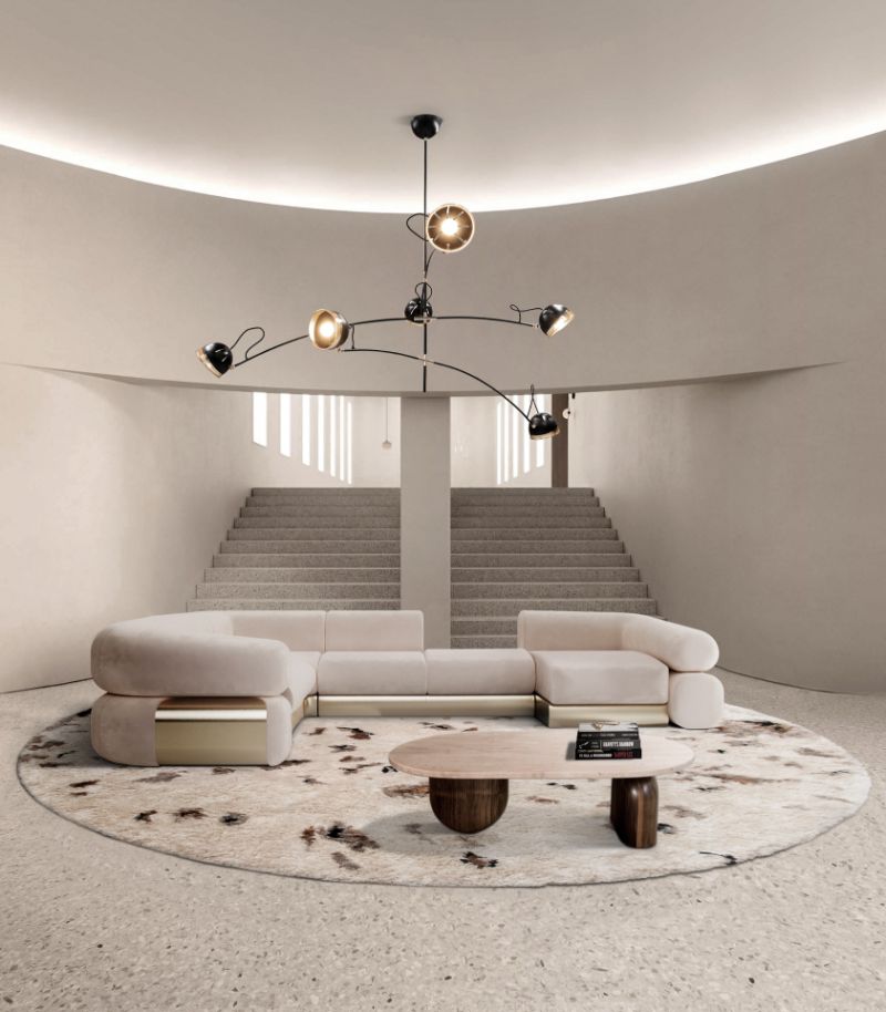 modern living room with a round white rug and curved sofas. Modern Classic Rug Ideas For the Living Room