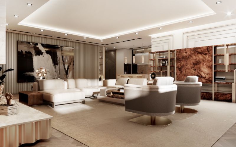 Modern contemporary living room in neutral tones to create a cozy atmosphere. Modern Classic Rug Ideas For the Living Room