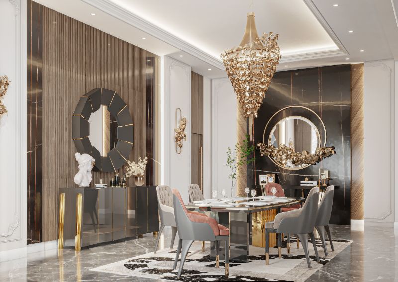 luxurious dining room with area rug in neutral colors with a golden chandelier