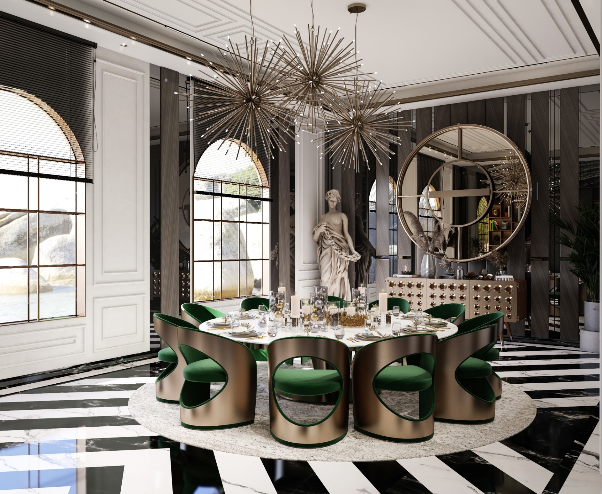 sophisticated dining room with round neutral rug with luxurious dining chairs and suspension lights. Modern Rug Ideas To Revive Your Dining Room