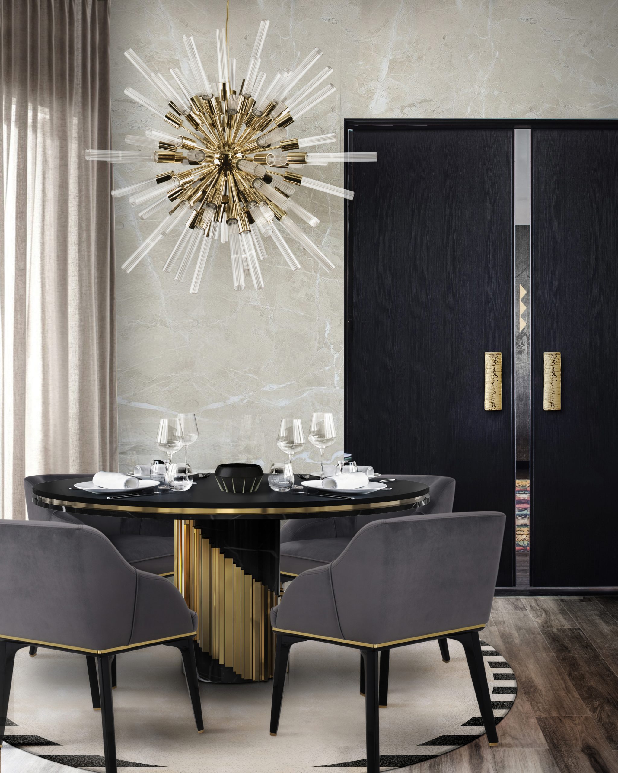elegant modern contemporary dining room with round rug with stiped edges. Modern Rug Ideas To Revive Your Dining Room