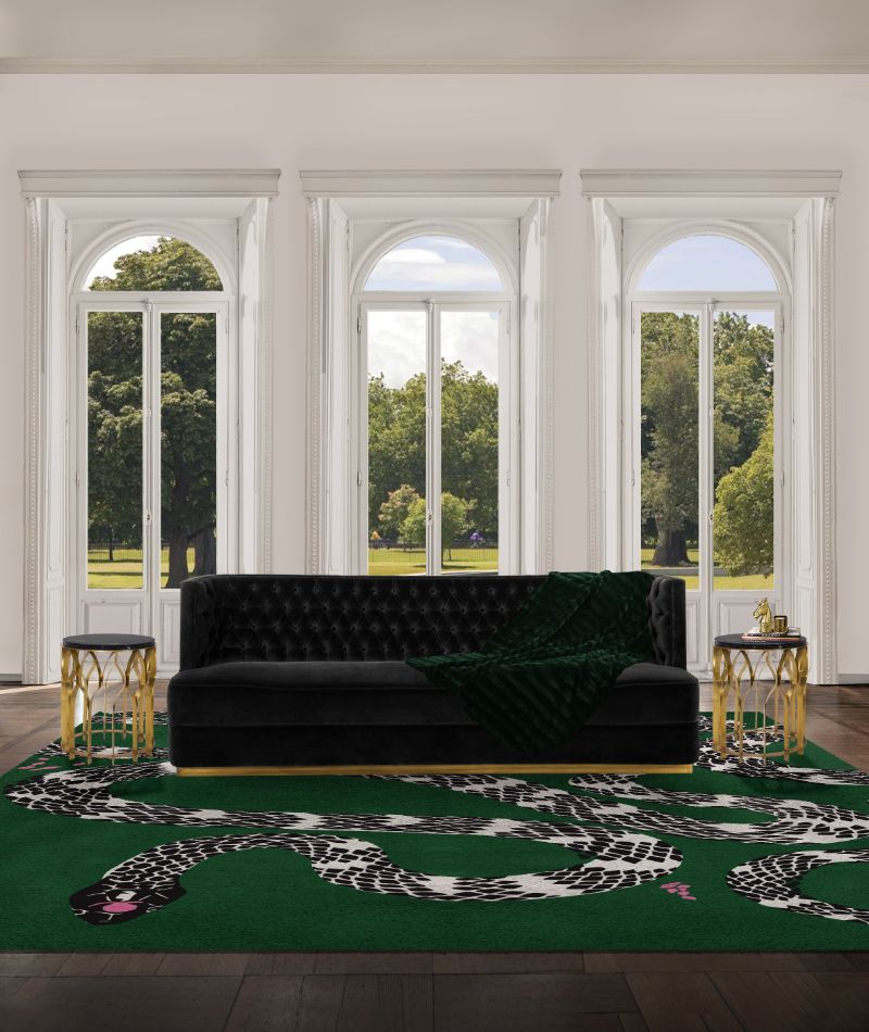 A Dashing living room interior design with a green area rug that has a snake as a pattern. The Best Botanical Rugs With A Mystical Aura