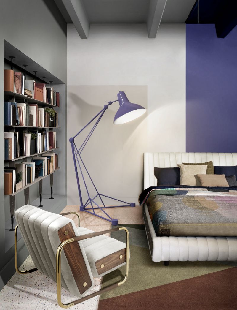 bedroom rugs: a mid-century bedroom with a geometric rug in earthy tones.