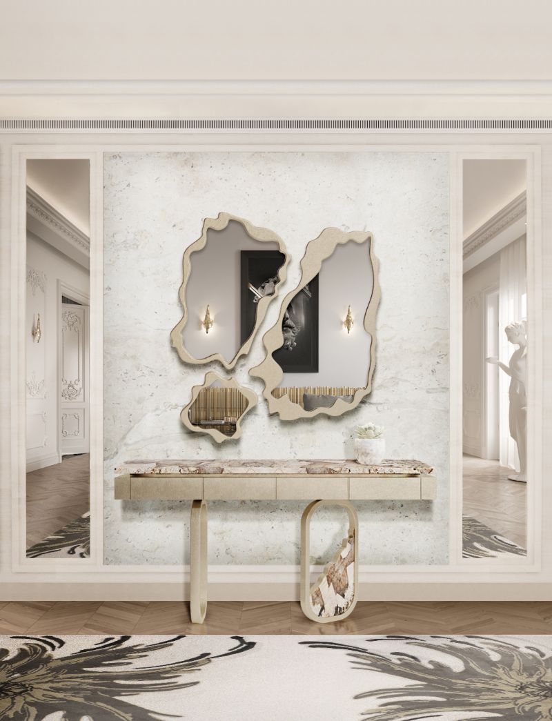 elegant modern contemporary hallway interior design with a runner rug in neutral green color with a fancy console and original-sized mirrors.
