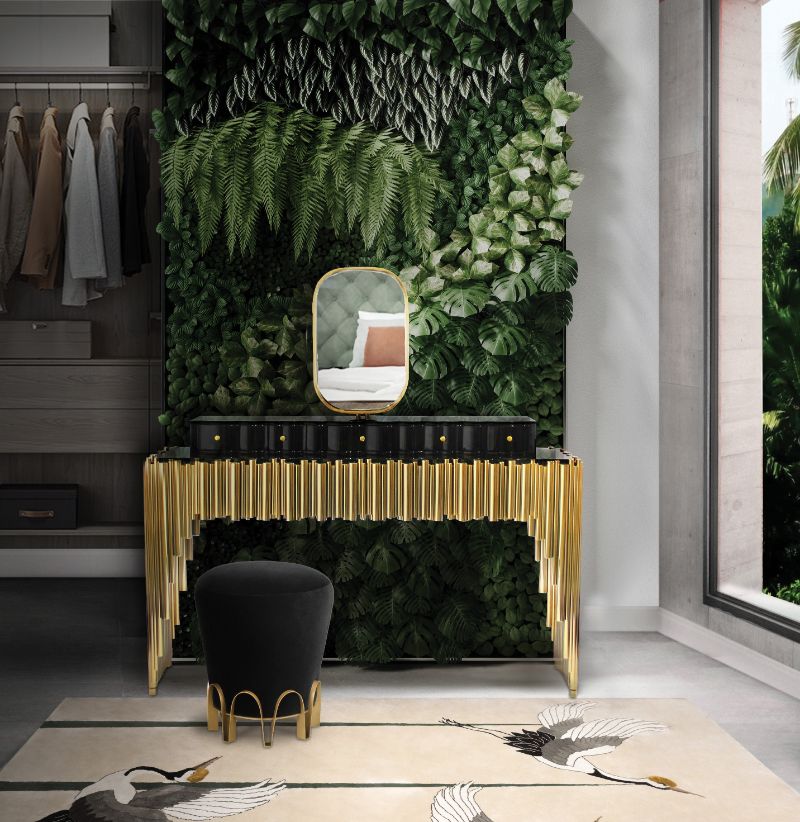Interior Design Master Class: closet decor with neutral rug with a heron bird design.
