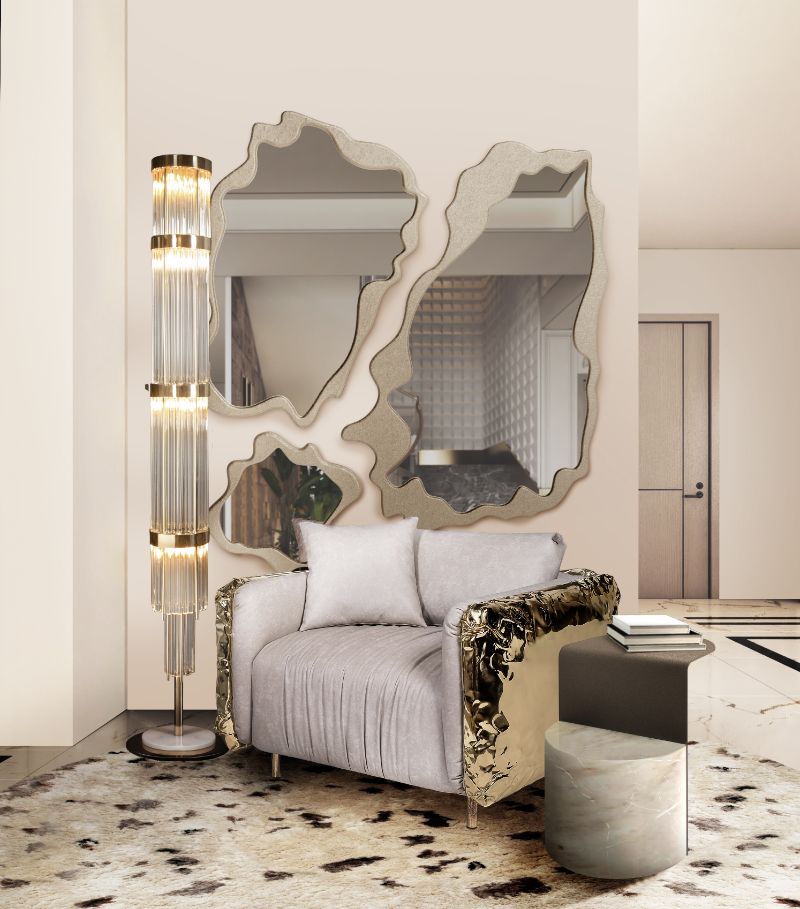 Interior Design Master Class: luxurious reading corner design with a white round rug and golden arnchair