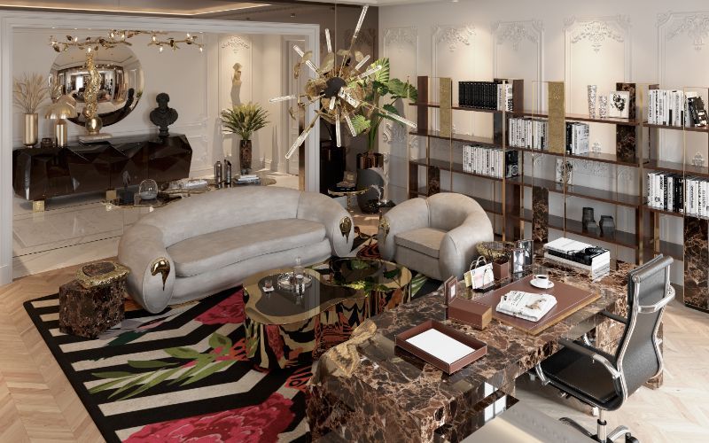 modern classic desk with a black and white rug and gray sofas.