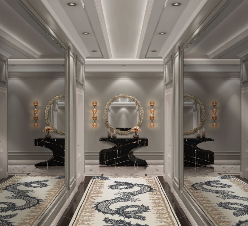 fancy modern classic hallway with gray runner rug and some neutral hues. Refresh your interiors with Rug Society's Design Service