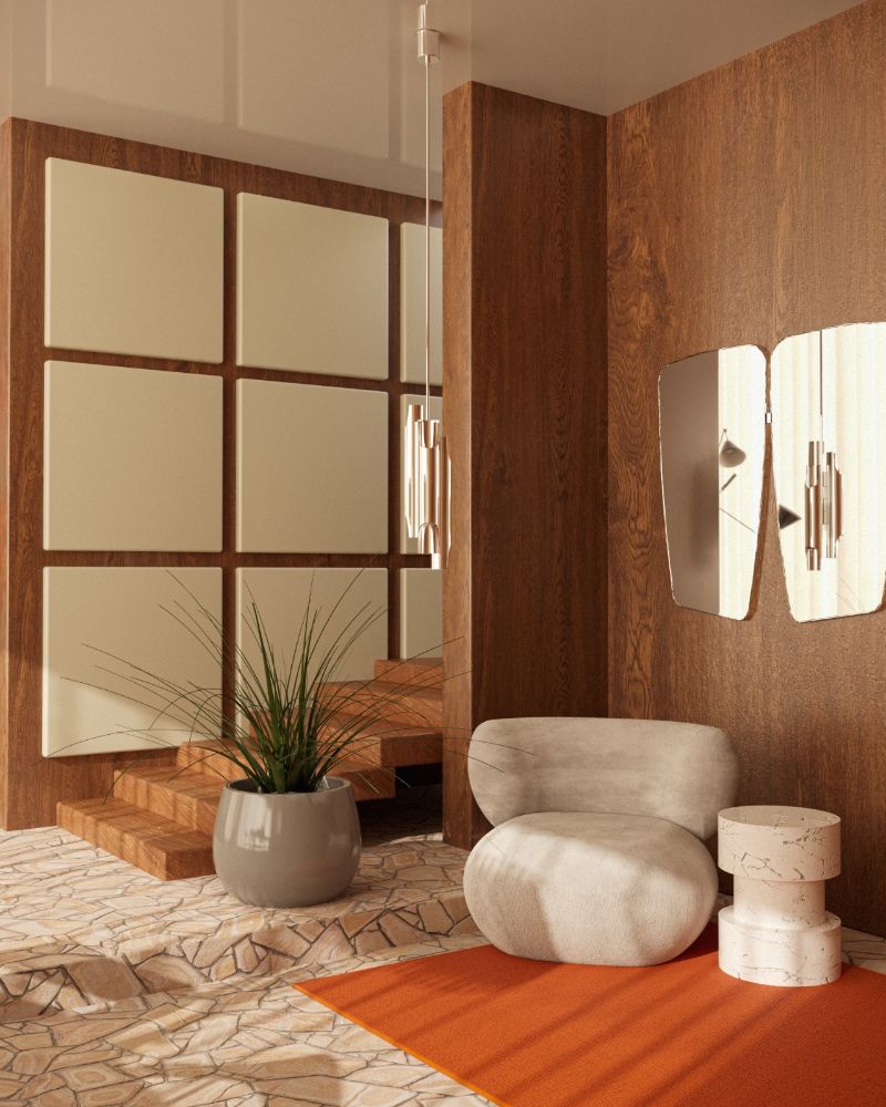 mid-century entryway with orange rug.