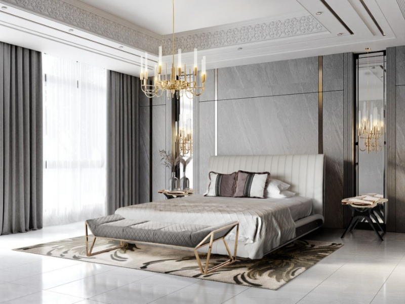 Bedroom by Rug'Society with beige rug and golden suspension lamp