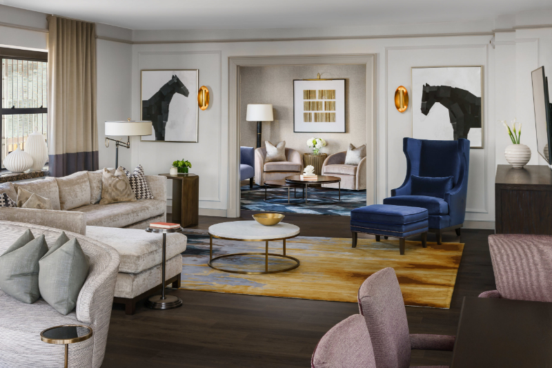 Forrest Perkins: Contemporary Rugs In Hospitality Projects. Two living rooms with colorful rugs.