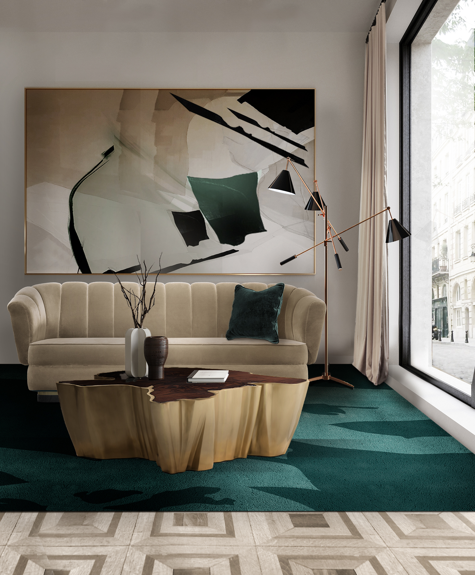 Modern living room with blue Triology rug - Minimalist Home Decors with Modern Wool Rugs