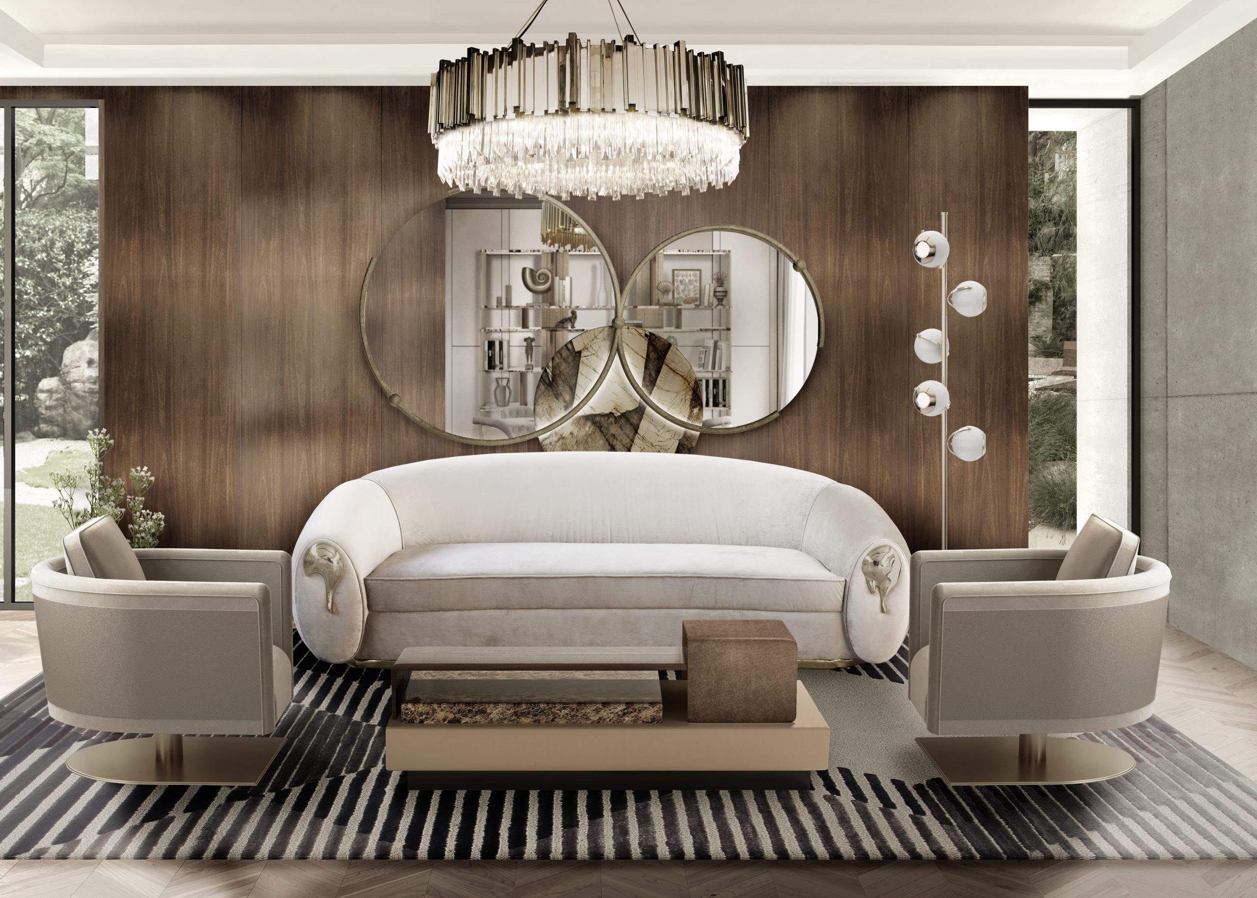 Neutral and modern living room with the Air rug - The Most Stylish Mid-Century Geometric Rugs