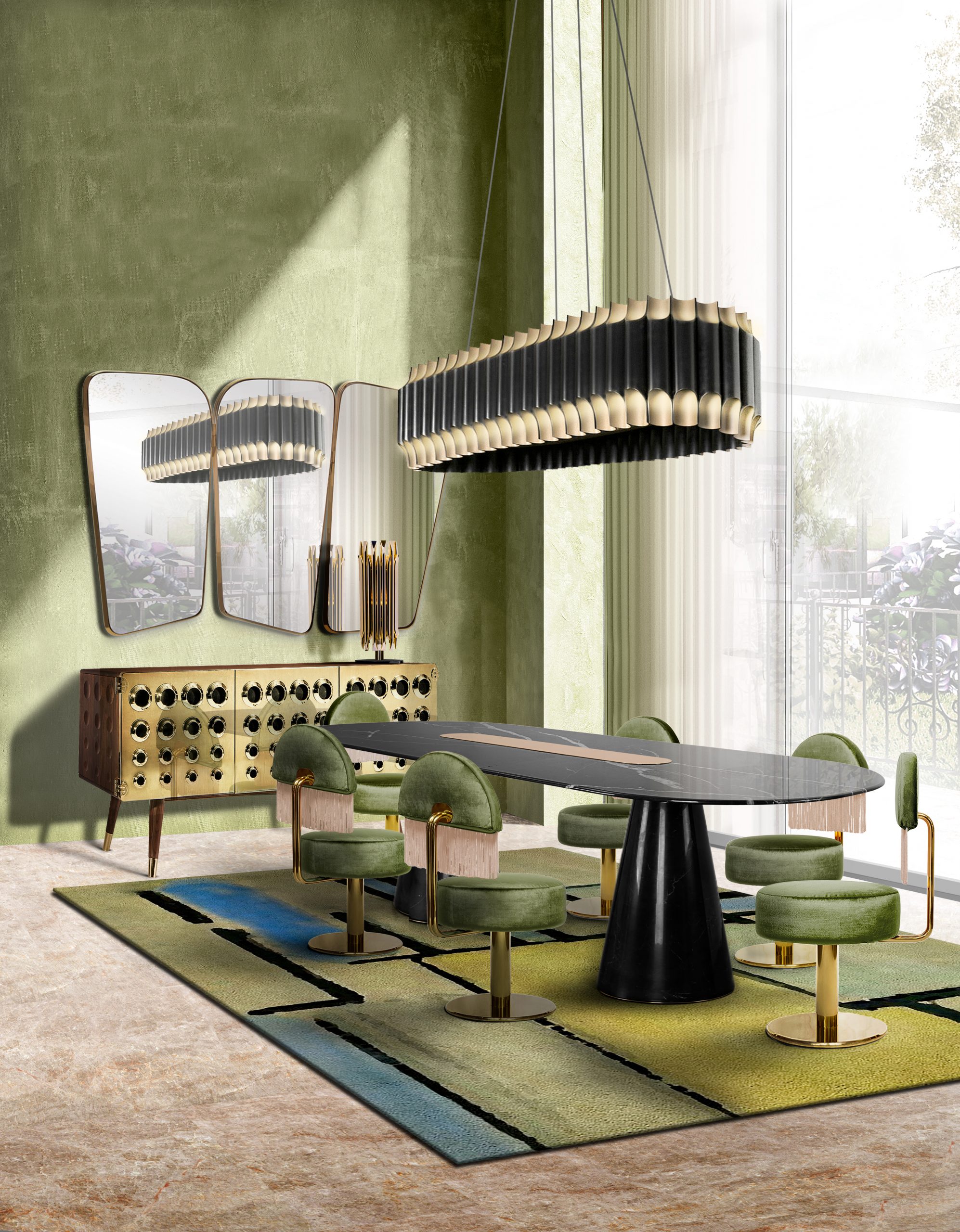 Modern dining room with green tones and Ivo rug - The Most Stylish Mid-Century Geometric Rugs