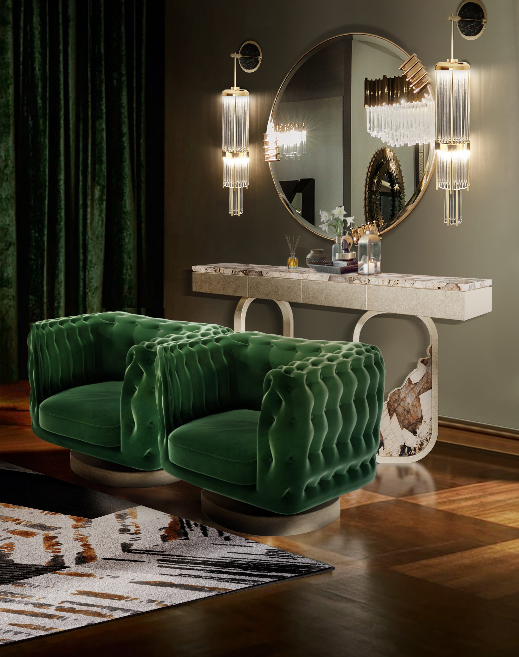 Glamorous living room with green sofas and the geometric Xisto rug - The Most Stylish Mid-Century Geometric Rugs