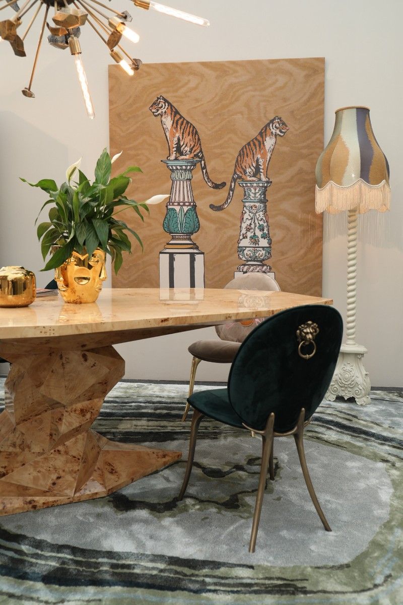 dining room rugs with blue abstract design and luxurious dining chairs and stoned dining table