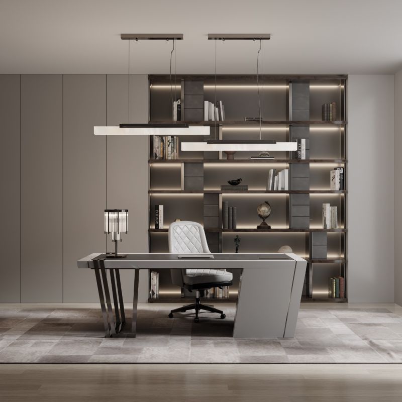 modern home office with gray rug